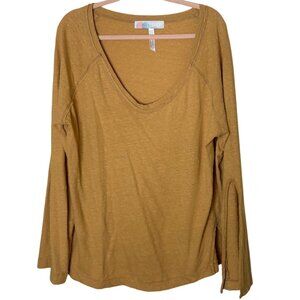 FP Beach Free People Mustard Long Sleeve V Neck Top Womens Large Linen Blend